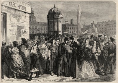 1868年9月のスペイン革命（グロリオサ）：マドリッドのアルカラ通りで、軍閥のマニフェストを読む。L