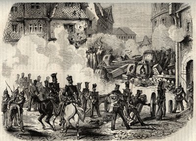 革命1848年～1849年、ドイツ、フランクフルト-9月18日、ドイツのフランクフルトでバリケードを襲撃する軍隊 作： Unknown artist
