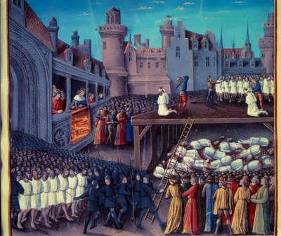 1191年の第3回十字軍遠征で、トルコ人（イスラム教徒）の捕虜を逮捕させたリチャード・ライオン・ハート（1157-1199）。Sebastien Mamerotによる写本のミニチュア 作： Unknown artist