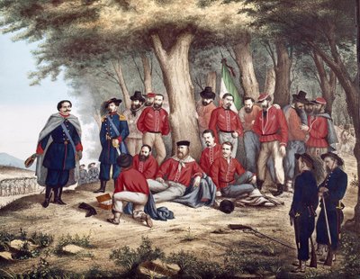 リソルジメント。「イタリアの愛国者ジュゼッペ・ガリバルディ（1807-1882）が1862年8月29日にアスプロモンテで負傷し、兵士に運ばれる」（絵画 作： Unknown artist