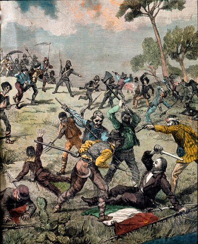 リソルジメント。「イタリアの革命家カルロ・ピサカーネ（1818-1857）が1857年6月28日にサプリで農民に襲撃される」 エングレーヴィング 個人蔵 作： Unknown artist