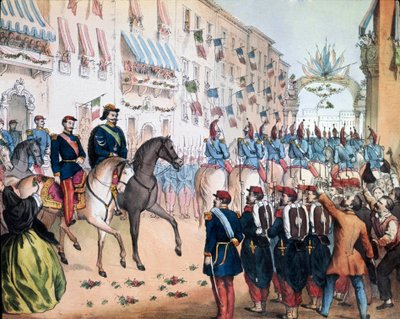 Risorgimento（リソルジメント）。「1859年8月6日、ミラノでのヴィクトル・エマニュエル（Victor-EmmanuelまたはVittorio Emanuele）2世イタリア王とナポレオン3世（フランス皇帝）の入場。石版画 リソルジメント博物館（ローマ 作： Unknown artist