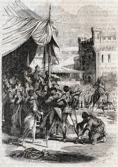 ロジャー（ルッジェーロ、ルッジェーロ）がロドモント（ロドモント）に戦いを挑む-1851年の版画、ルドヴィコ・アリオストの「激情のロラン」（Orlando furioso）（16世紀）より-アリオスタとして知られる-トレサン伯爵がイタリア語から翻訳して出版した版 作： Unknown artist