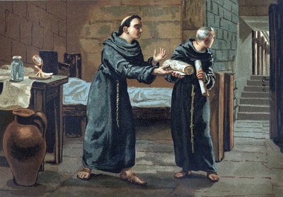 ロジャー・ベーコン（フランシスコ会修道士、神学者、哲学者、英文学者）（1214-1294）は、教皇に「Opus majus」（1267-1268）という本を送った-ルイ・フィギエの「La Ciencia y sus Hombres」の中で。バルセロナ 1881年 作： Unknown artist