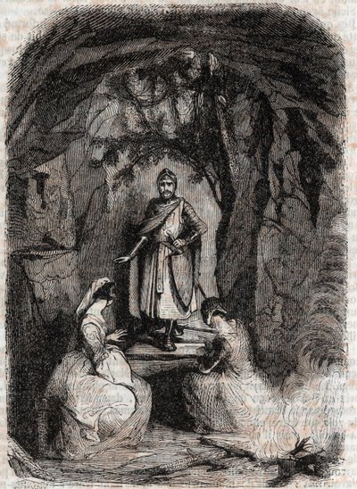 ローランが洞窟でイザベルを見ている-1851年の版画-アリオスタで知られるルドヴィコ・アリオストの「激情のローラン」（Orlando furioso）（16世紀）より-トレッサン伯爵がイタリア語から翻訳し、グスタフ・ハーバードが出版した版 1851年 作： Unknown artist