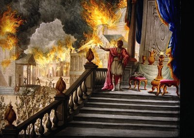 ローマン・アンティキテ（Roman Antiquite）。"64年7月18日のローマの火事を考える皇帝ネロ"(ガラス絵) 作： Unknown artist