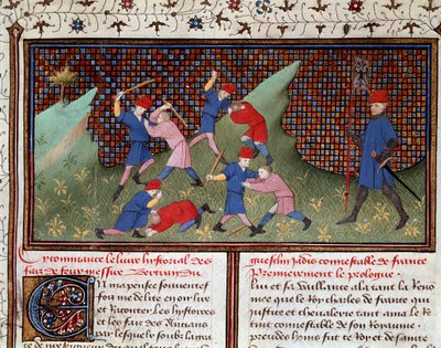 デンマーク人オジェによるローマ人：手とミニチュアスティックによる戦闘 「ベルトラン・デュ・ゲスクリンの年代記」（Ms 490）からの引用 1405 Musee Conde, Chantilly 作： Unknown artist