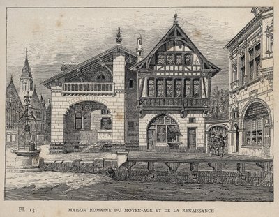 中世・ルネッサンス期のローマの家 - 1889年の「1889年万国博覧会における人間の居住に関する歴史（シャルル・ガルニエ氏著）」に掲載されている1889年のエングレーヴィング。 作： Unknown artist