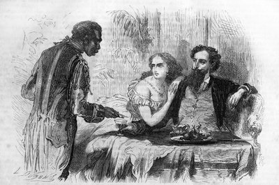 ローマの連載。"ポール・ボカージュ(1824-1887)の「パリの清教徒たち」。"黒人がロベールに名刺を持ってきた。""Les bons romances "のエングレーヴィング 作： Unknown artist
