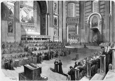 ローマ1869年、12月9日に開催されたエキュメニカル協議会の第1回会合は、サン・ピエトロ教会のトランセプトの右部分で開催されました。 作： Unknown artist