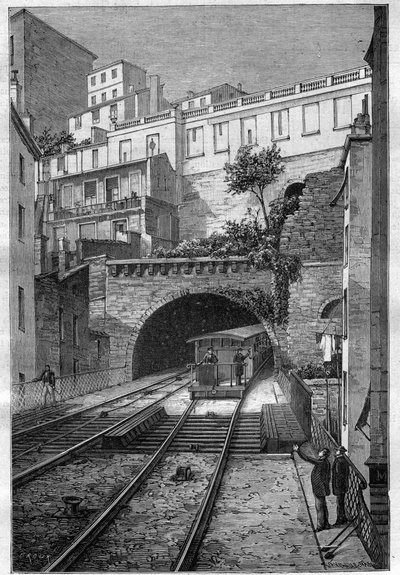 リヨンからフルヴィエールまでの鉄道道路-1884年「Journal des voyages」に掲載された版画 作： Unknown artist