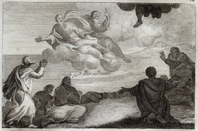 ローヤルモン聖書、新約聖書。イエス・キリストの昇天。キリストは天から連れ出され、アポタージュを祝福した後、雲の中に消えていきます。1811年のイラスト。 作： Unknown artist
