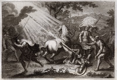 ローヤルモン聖書、新約聖書。ダマスカスに向かう途中の聖パウロの改心。彼はイエス・キリストの声を聞き、「柳よ、柳よ、誰が私を迫害するのか」（サウルよ、サウルよ、なぜ私を迫害するのか）と言われ、馬が倒れる。1811年のイラスト。 作： Unknown artist