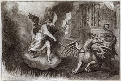 ロイアモント聖書、新約聖書。ドラゴンの鎖。悪魔の象徴である黙示録のドラゴンは、アビメの鍵を持つ天使によって鎖でつながれている。1811年のイラスト。 作： Unknown artist
