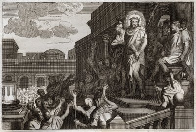 ローヤルモン聖書、新約聖書。エクセ・ホモ。ポンティウス・ピラト(Pontius Pilatius)は、「ここにその人あり」と言って、いばらを持ったイエス・キリストを群衆に差し出します。1811年のイラスト。 作： Unknown artist