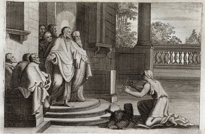ロイアモント聖書、新約聖書。イエス・キリストとカナンの妻（The Canan or the foreign woman）。農民が娘を癒すために主に助けを求める。キリストは彼に答えた。"私はイスラエルの家の失われた羊のためだけに遣わされた"のイラスト 作： Unknown artist