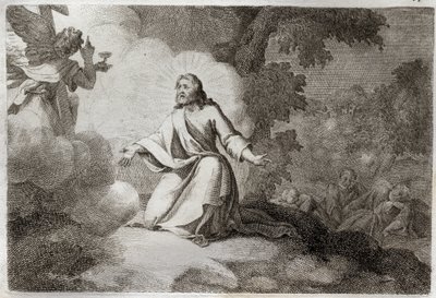ローヤルモン聖書、新約聖書。庭園でのイエス・キリスト（オリーブ山での祈り）。聖杯を持った天使がイエスの前に現れる。聖ペテロ、聖ヨハネ、聖ヤコブのアポータは眠っている。1811年のイラスト。 作： Unknown artist