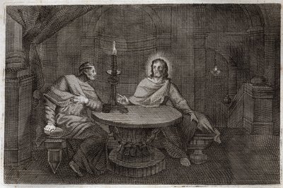 ロイアモント聖書、新約聖書。夜、イエス・キリストを探しに来たニコデマ。1811年のイラスト。 作： Unknown artist