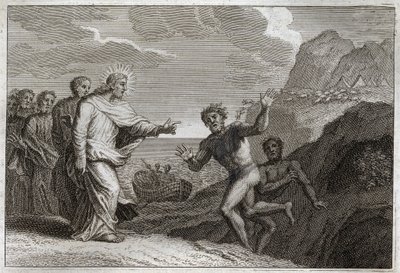 ローヤルモン聖書、新約聖書。憑依された悪霊。イエス・キリストは、悪魔が激怒した憑依者を癒した。1811年のイラスト。 作： Unknown artist