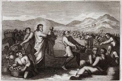 ローヤルモン聖書、新約聖書。斤の伝播。イエス・キリストは5つのパンを増やし、5,000人の人々を養った。1811年のイラスト。 作： Unknown artist