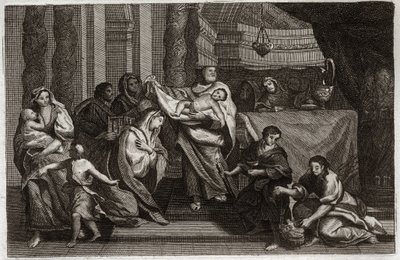 ローヤルモン聖書、新約聖書。聖母の清め、または神殿での提示。聖家族はイエス・キリストを神殿に捧げ、シメオン（またはシメオン、シモン）に渡します。女性は籠の中の2羽の鳩を持っている。1811年のイラスト。 作： Unknown artist