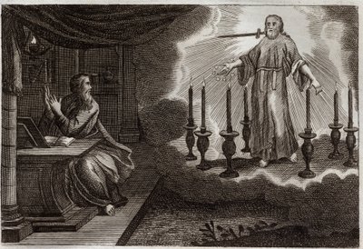 ローヤルモン聖書、新約聖書。聖ヨハネの黙示録の中の黙示録。イエス・キリストは聖ヨハネの中で、7つの金の燭台の間に現れ、右手には7つの星を持ち、口からは剣を出しています。1811年のイラスト。 作： Unknown artist
