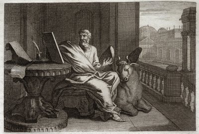 ローヤルモン聖書、新約聖書。伝道者聖ルカと雄牛。1811年のイラスト。 作： Unknown artist