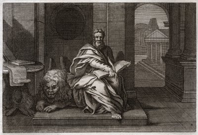 ローヤルモン聖書、新約聖書。ライオンを連れた伝道者サン・マルコ。1811年のイラスト。 作： Unknown artist