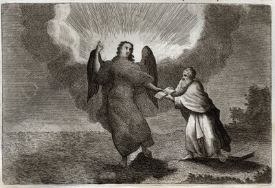 ローヤルモン聖書、新約聖書。聖ヨハネの幻。開かれた書物を持つ天使が、聖ヨハネを貪るように与えるビジョン。1811年のイラスト。 作： Unknown artist