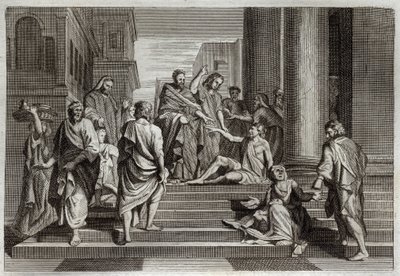 ローヤルモン聖書、新約聖書。足の不自由な人の戦争聖ペテロは、聖ヨハネに伴われて、エルサレムで足の不自由な人を奇跡的に助けた。1811年のイラスト。 作： Unknown artist