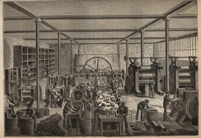 ゴム：ゴム工場。Adolphe BITARDの "Les arts et metiers illustres "に掲載された1885年の版画。 作： Unknown artist