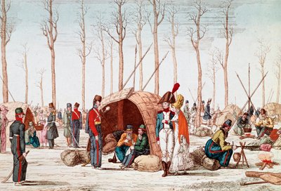 シャンゼリゼ通りでビバークするロシア兵（フランス・パリ、1814年3月31日）（版画 作： Unknown artist