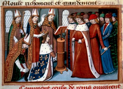 聖なる王シャルル7世（1422-1461）は、1429年7月17日にランスのアルシュベクによって描かれました。 マルシャル・ドーヴェルニュ（1430-1508）の「シャルル7世のヴィジル」から引用されたミニチュアです。 作： Unknown artist