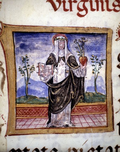 本とハートを持ったシエナの聖カタリナ（1347～1380年）15世紀のミニアチュール。 作： Unknown artist