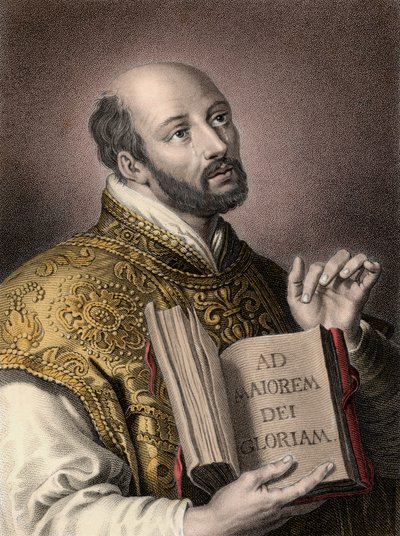 ロヨラの聖イグナティウス（1491-1556）スペインの神学者、イエス会のラテン語のモットー「Ad maiorem Dei gloriam（神の大いなる栄光のために）」が書かれた本を持っている - ロヨラのイグナティウスの肖像（Sant Ignazio or Saint Ignatius 作： Unknown artist