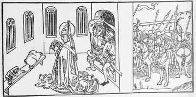 サン・ランベールVoragineのJacobus（James）（1228-1298）による「Leben der Heiligen - sommerteil」（聖人の書）からのエングレーヴィング。Lubeck 1488年。 作： Unknown artist