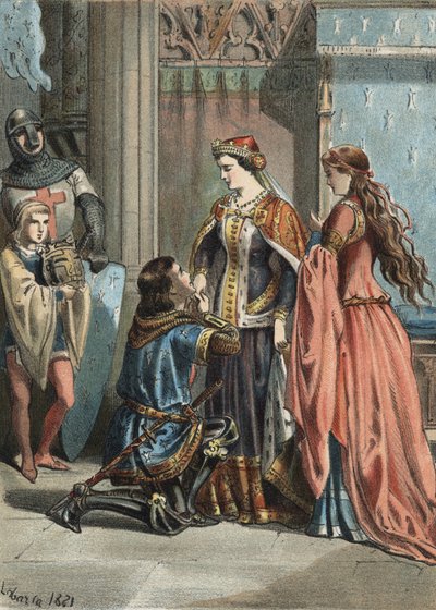 フランス王サン・ルイ（1214-1270）とその母ブランシュ・ド・カスティーユ（1188-1252）。1881年、フアン・フスト・フグエ著「エル・カルト・デ・ラ・エルモスラ」に掲載された版画。 作： Unknown artist