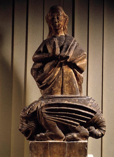 悪魔に勝利した聖マルガリータ 15世紀の石の彫刻。コンピエーニュ・ヴィヴネル美術館 作： Unknown artist