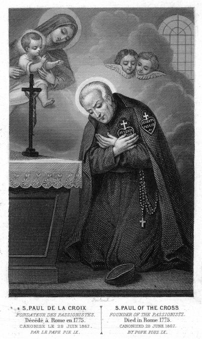 十字架の聖パウロは、1775年にローマで失望した受難者たちの創始者であり、1867年6月29日に教皇ピオ9世によって列福されました。19世紀のエングレーヴィング。 作： Unknown artist