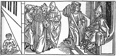 聖セヴェリン。VoragineのJacobus（James）（1228-1298）による「Leben der Heiligen - sommerteil」（聖人の書）からのエングレーヴィング。Lubeck 1488年。 作： Unknown artist