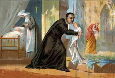 聖ビンセント・ド・ポール（1576-1660）は、慈善活動で有名で、発見者の子供たちのための病院を設立しました。19世紀のクロモリトグラフ。 作： Unknown artist
