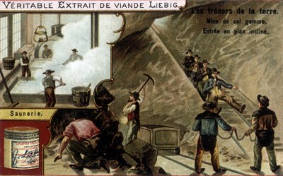 塩田と塩山：塩の抽出とサウニア。リービッヒ製品のクロモリトグラフィー、シリーズ「Les trresors de la terre」。 作： Unknown artist