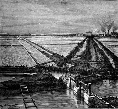塩の生産：地中海沿岸の塩田（塩湿地）の風景。19世紀のエングレービング 作： Unknown artist