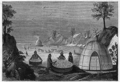 魔法の太鼓で未来を予言するサーミの魔法使い。1885年の版画。 作： Unknown artist