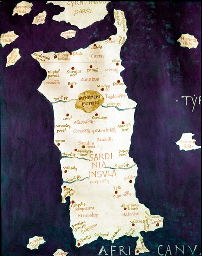 サルデーニャ（Sardegna）。クロード・プトメレ（JC後2世紀）の『コスモグラフィア』（地理学）に添付された地理図の詳細、15世紀末 ナポリ、ビブリオテカ・デイ・ゲロラミーニ 作： Unknown artist