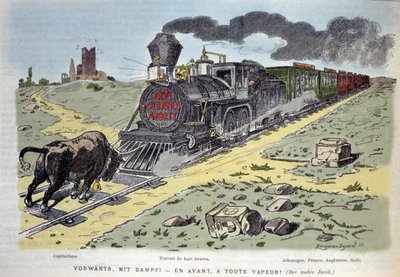 資本主義の象徴である雄牛が、労働改革の列車を止めようとする姿を風刺した寓話的ヴィネット。ワゴンはそれぞれの国に合わせてデザインされている。ドイツ、フランス、イギリス、イタリア 1897年 作： Unknown artist