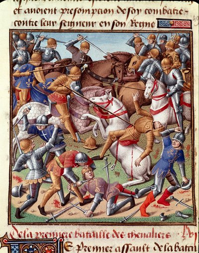 Vincent de Beauvais (1190-1264)の『歴史の記憶』(Speculum Historiale) (ms. 1196 fol. 408 r.)の中の戦闘シーンのミニチュアで、Jean de Vignayがフランス語に翻訳したもの。 作： Unknown artist