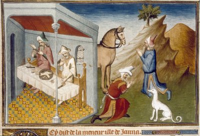 スマトラ島での人肉食と偶像崇拝のシーン Marco Polo（1254-1324）から引用したミニチュア 作： Unknown artist