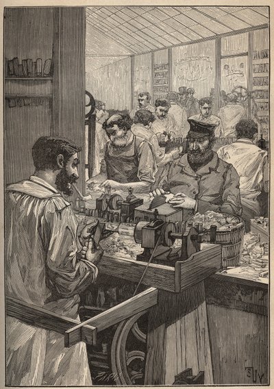 シースキム：シースキムパイプの製造。Adolphe BITARDの "Les arts et metiers illustres "に掲載された1885年の図版。 作： Unknown artist