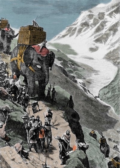 第二次ポエニ戦争。紀元前218年、アルプスを越えるハンニバル・バルカの軍隊。19世紀のイタリアの彫刻。 作： Unknown artist